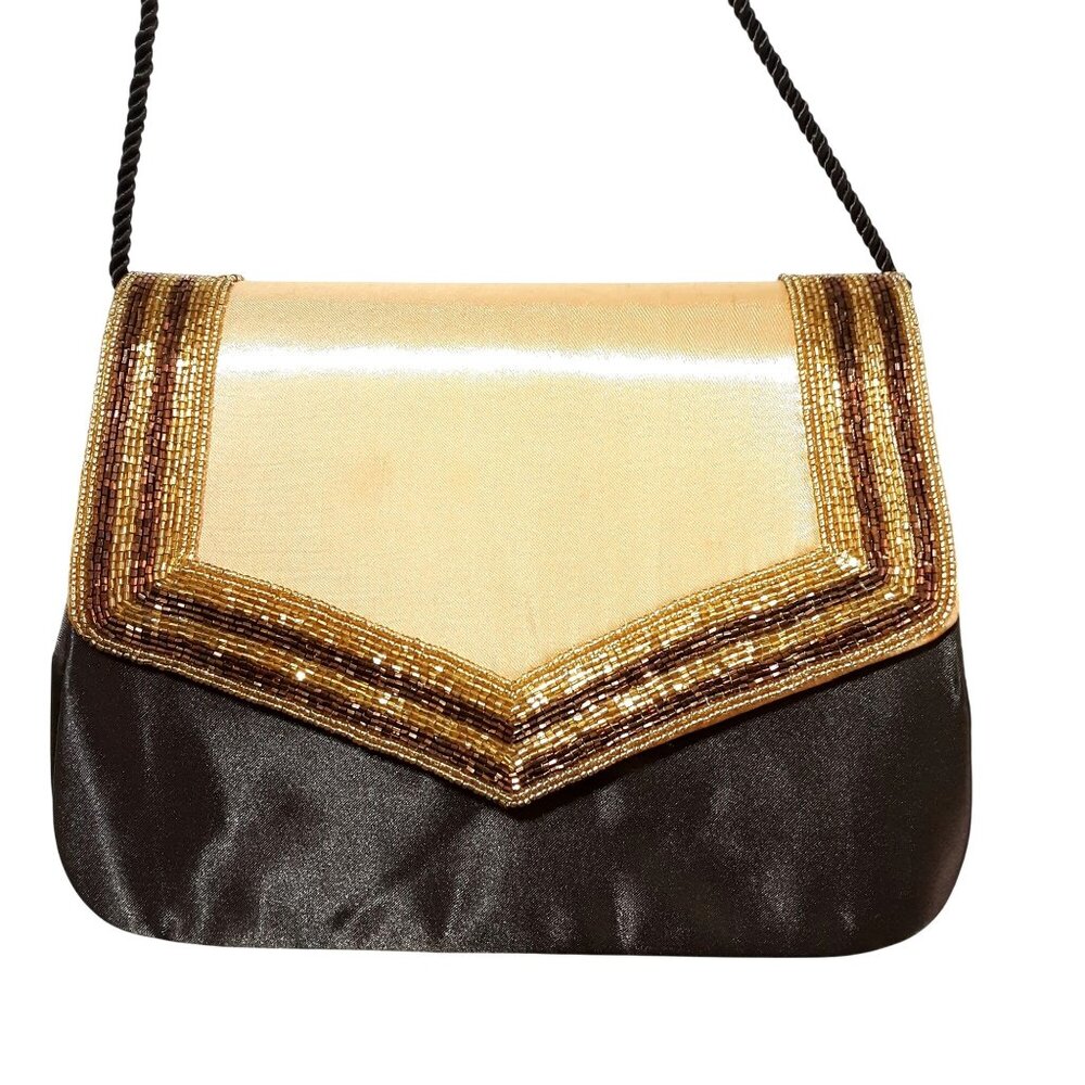 Whittall & Shon Brown Gold Beaded Evening Bag Rope Strap Vintage NWT